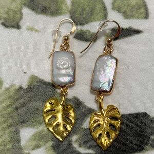 Pearl and Monstera Botanical Statement Earrings with gold plated ear wires